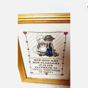 Vintage Framed Cross Stitch Love Faith Unity Sentiment Needlepoint Wall Art